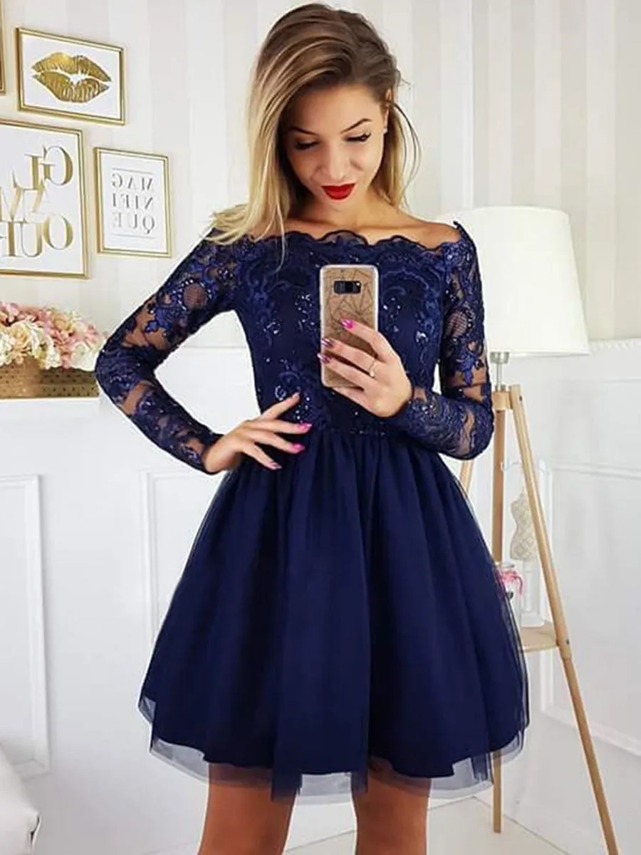Off the Shoulder Long Sleeves Lace Navy Blue Short Prom Dresses Homecoming Dresses, Long Sleeves Blue Formal Graduation Evening Dresses