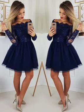 Off the Shoulder Long Sleeves Lace Navy Blue Short Prom Dresses Homecoming Dresses, Long Sleeves Blue Formal Graduation Evening Dresses