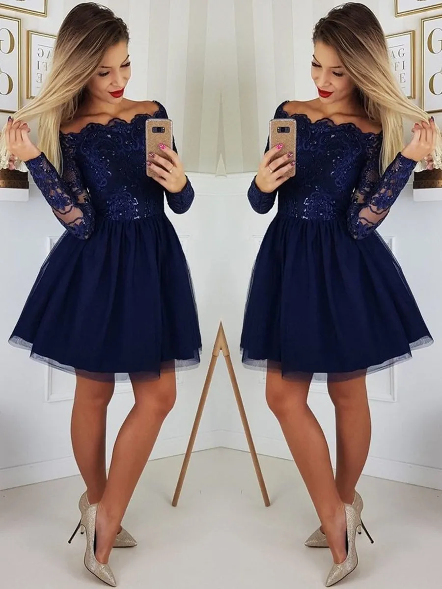 Off the Shoulder Long Sleeves Lace Navy Blue Short Prom Dresses Homecoming Dresses, Long Sleeves Blue Formal Graduation Evening Dresses