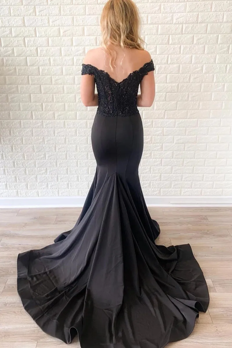 Off the Shoulder Mermaid Lace Black Long Prom Dress with Train, Off Shoulder Mermaid Black Formal Dress, Mermaid Black Lace Evening Dress