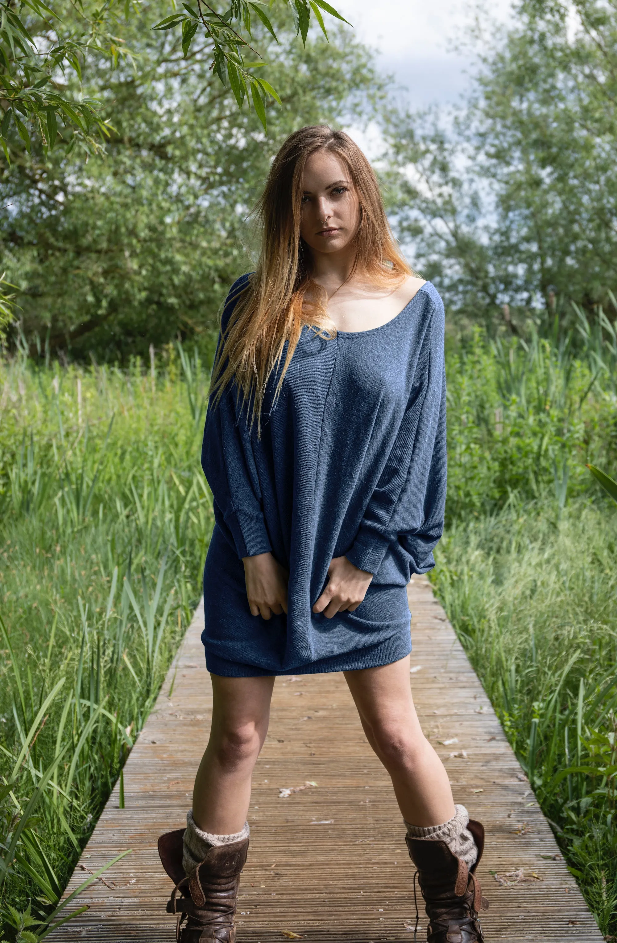 Oversized Drop Shoulder Jumper Dress - Blue