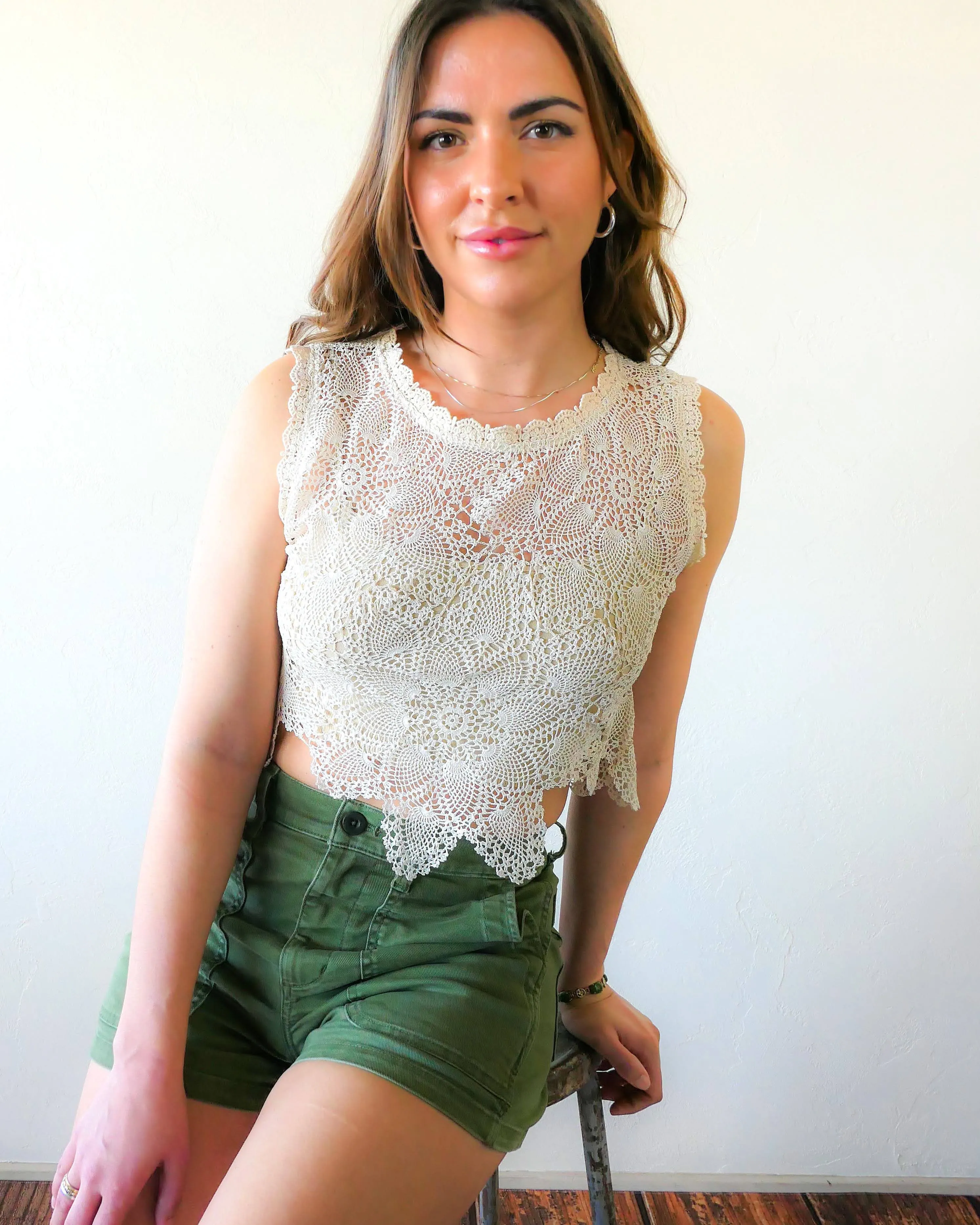 Peace Lotus Crop Tank Top in Natural