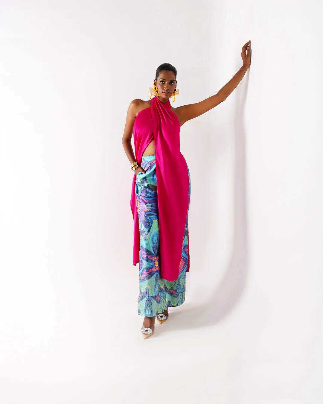 Pink Long Drape Halter Silk Coord Set