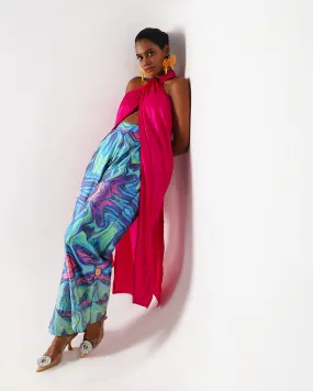 Pink Long Drape Halter Silk Coord Set