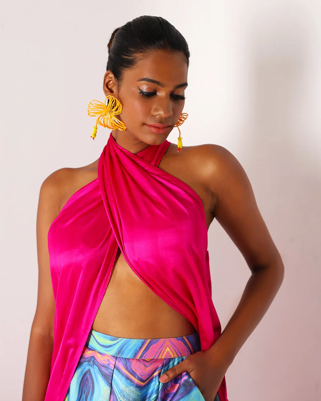 Pink Long Drape Halter Silk Coord Set