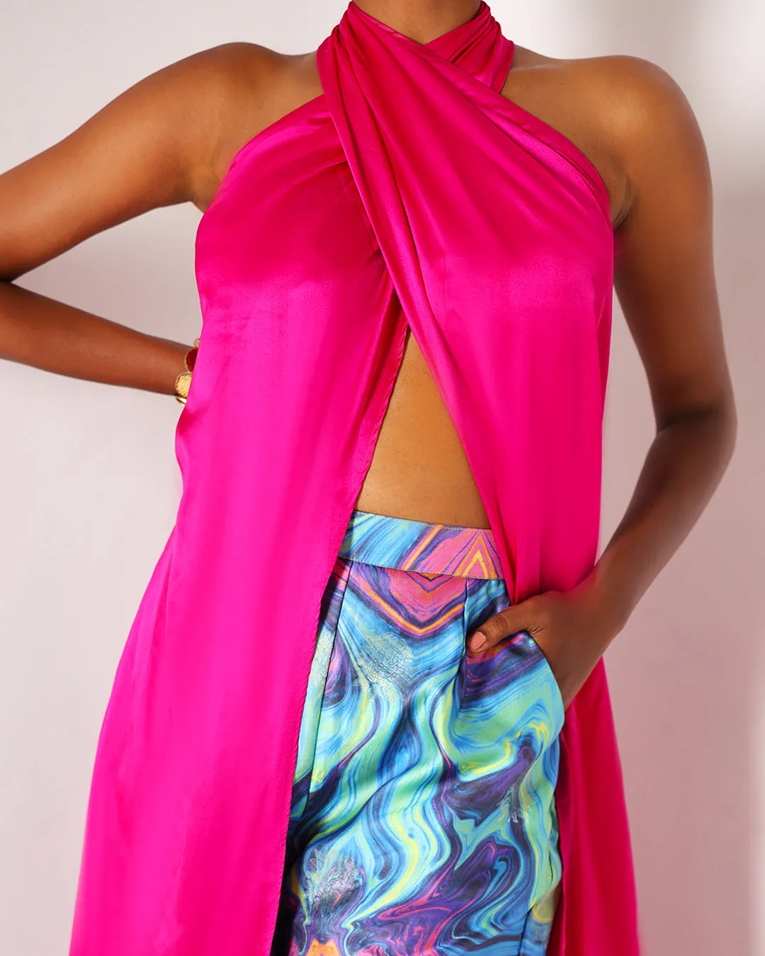 Pink Long Drape Halter Silk Coord Set
