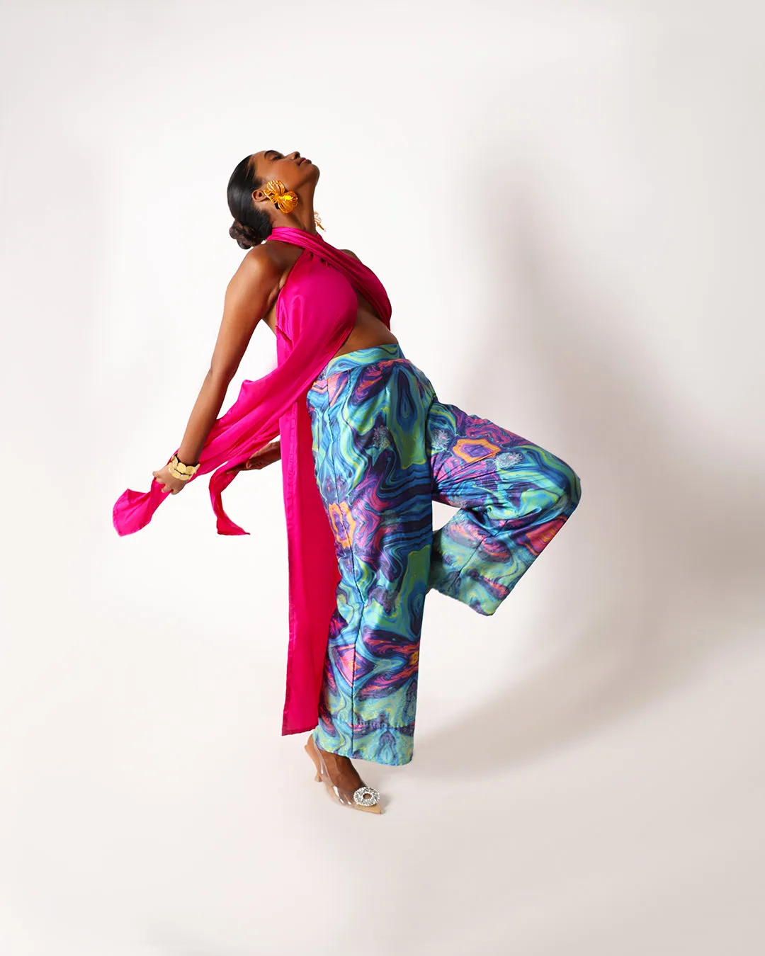 Pink Long Drape Halter Silk Coord Set