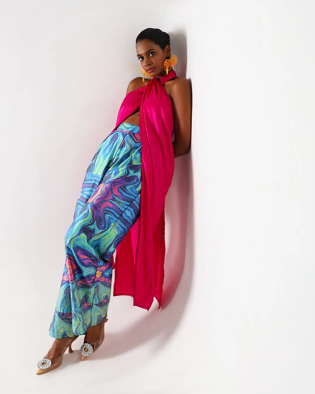 Pink Long Drape Halter Silk Coord Set