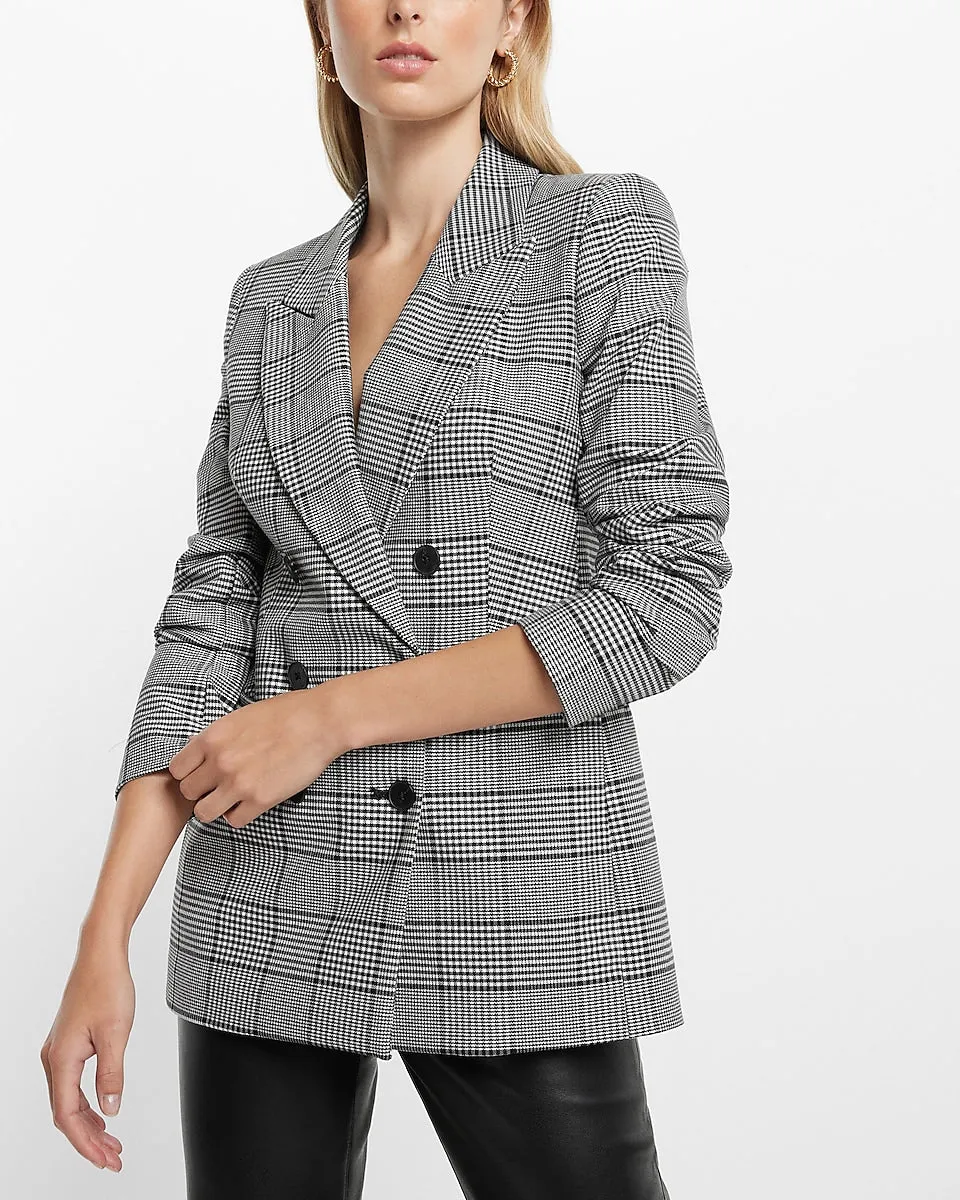Plaid Peak Lapel Double Breasted Blazer in Gray Print