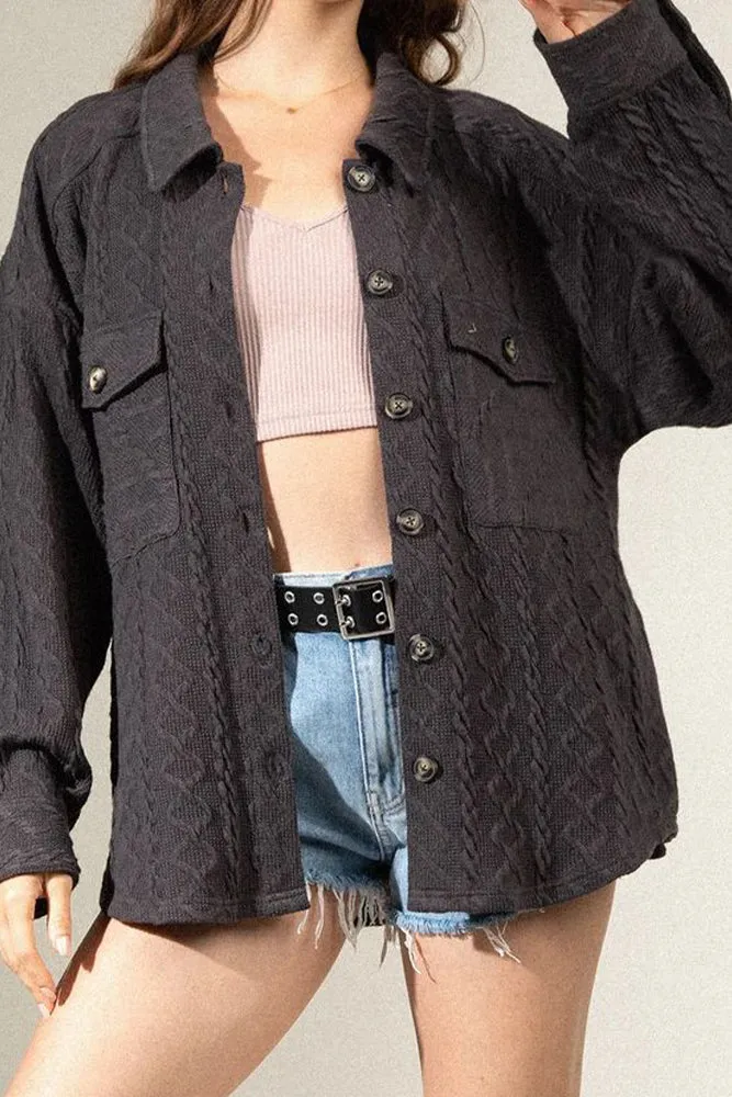 Plain Button Up Cable Knit Coat with Winter Outfits Pockets