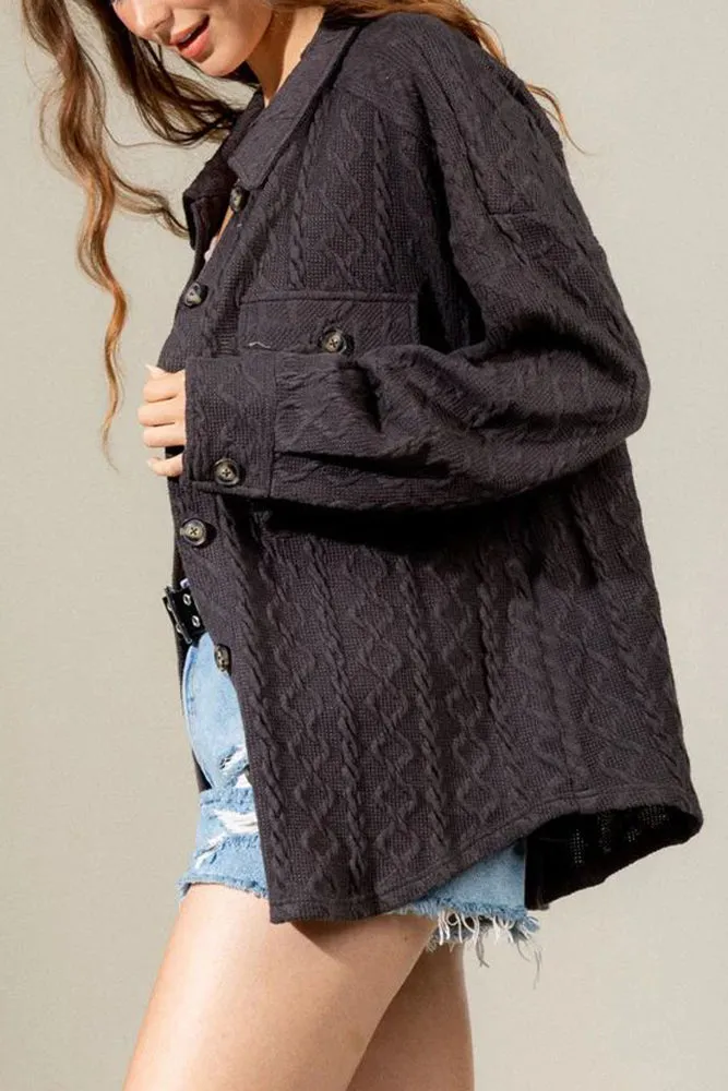 Plain Button Up Cable Knit Coat with Winter Outfits Pockets