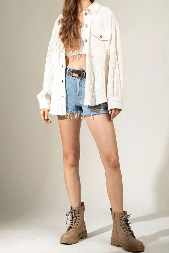 Plain Button Up Cable Knit Coat with Winter Outfits Pockets