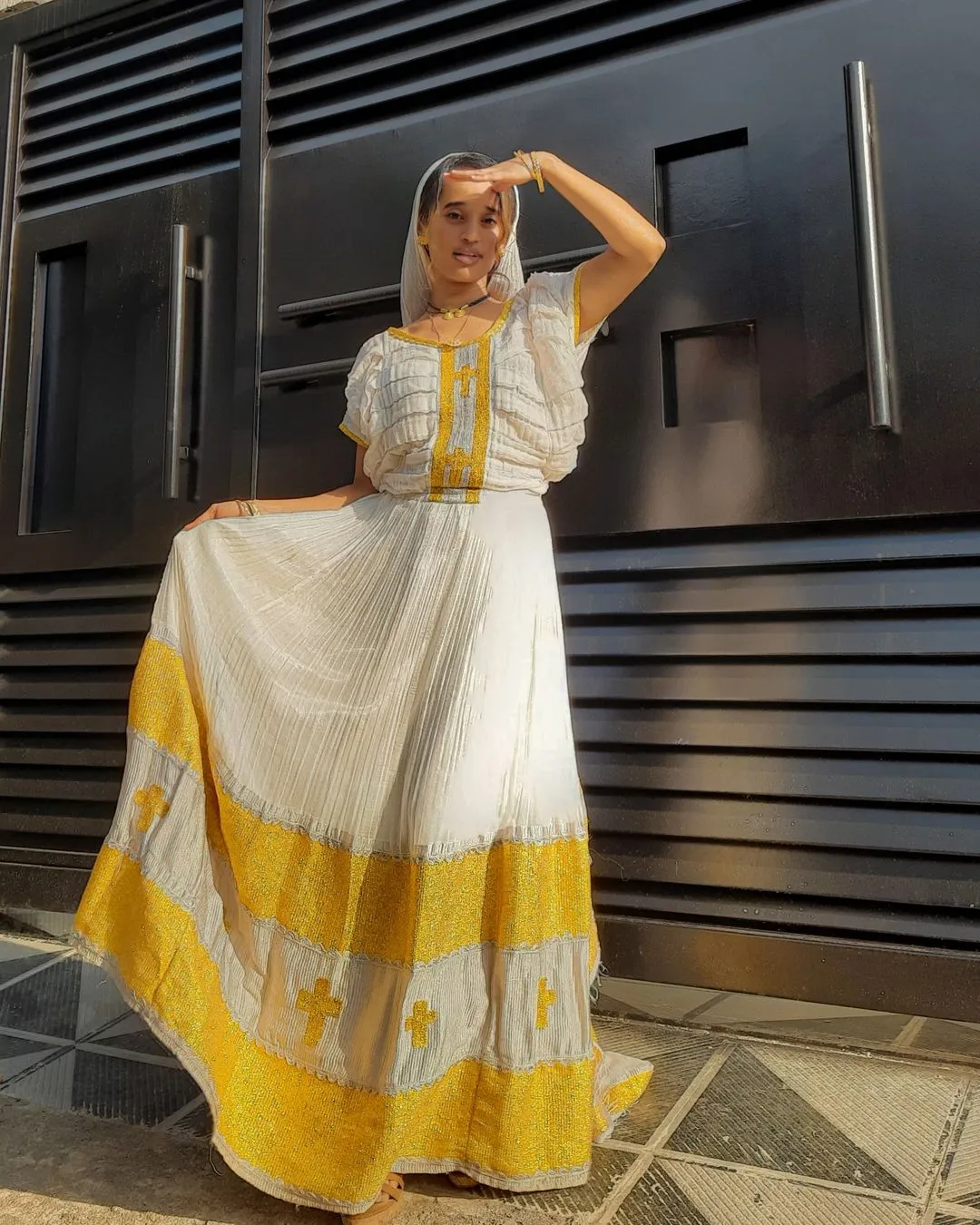 Pleasing Yellow Traditional Ethiopian Dress: with Handcrafted Cross Embellishments Habesha Dress Perfect for Cultural Occasions Eritrean Clothing