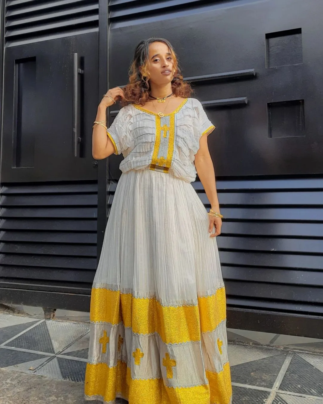 Pleasing Yellow Traditional Ethiopian Dress: with Handcrafted Cross Embellishments Habesha Dress Perfect for Cultural Occasions Eritrean Clothing