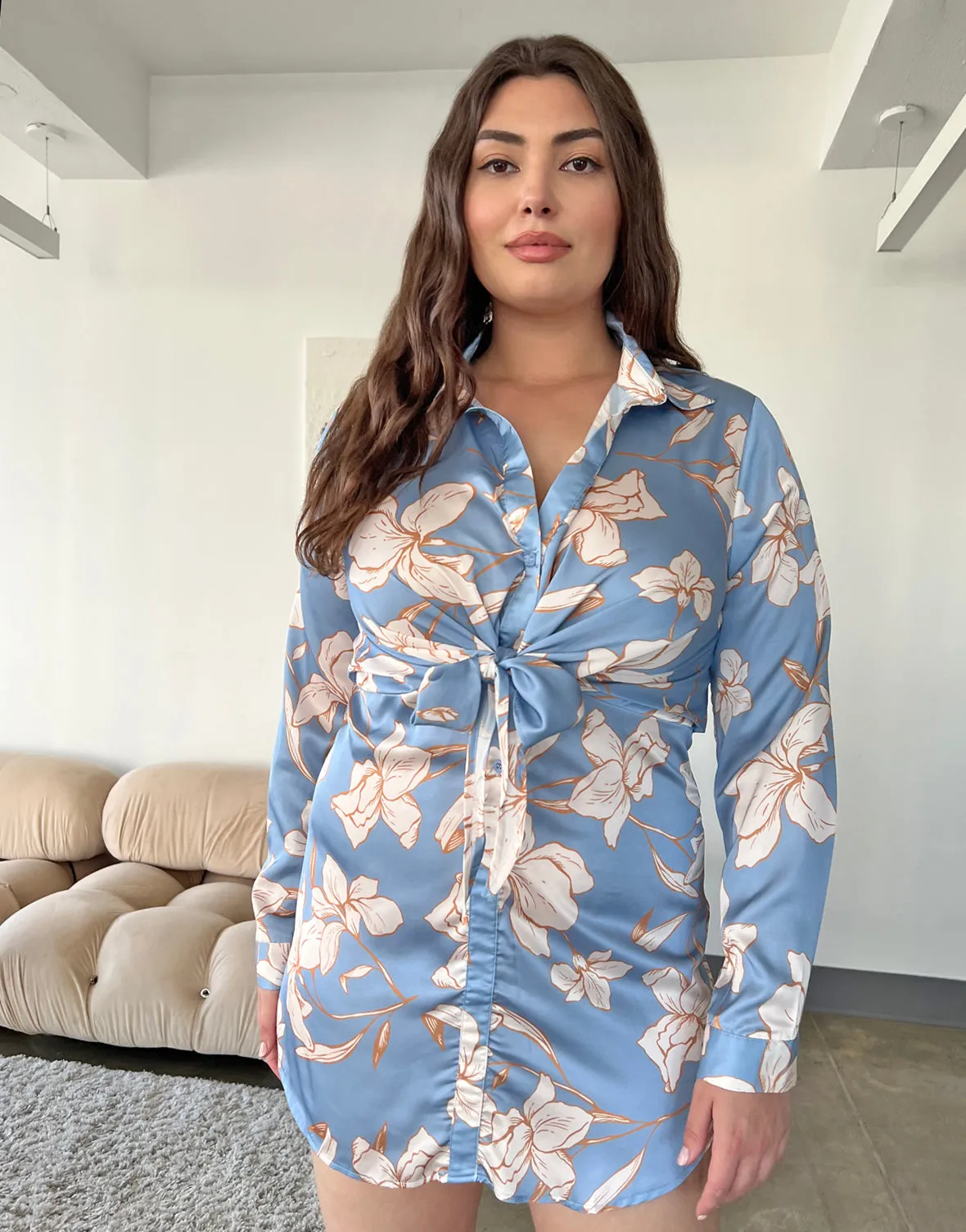 Plus Size Satin Floral Shirt Dress