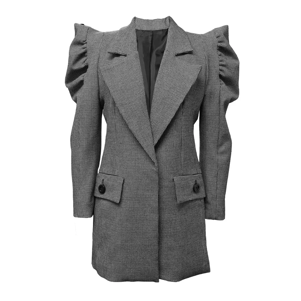 Puff sleeve tailored houndstooth blazer