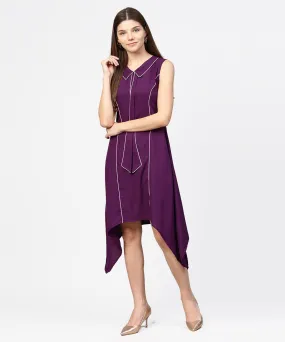 Purple Sleeveless A-Line Dress With Piping Work