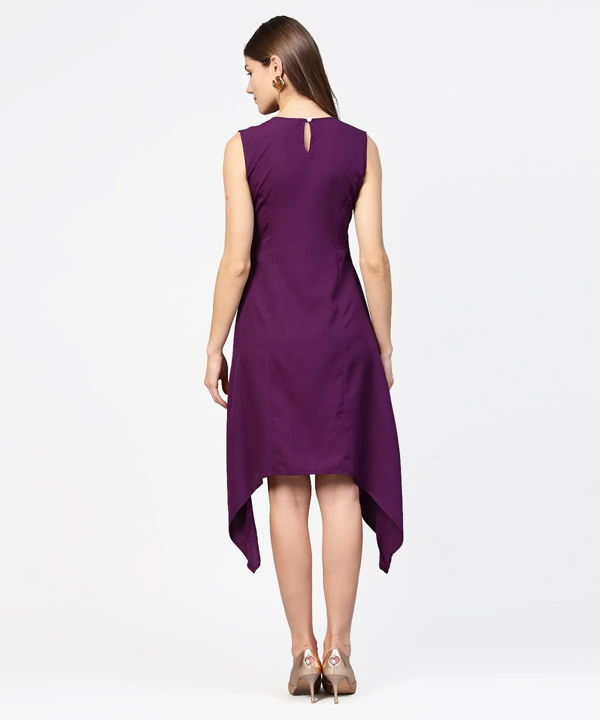 Purple Sleeveless A-Line Dress With Piping Work