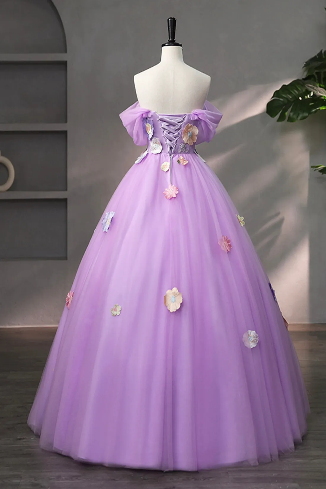 Purple Tulle Lace Long Prom Dress, off the Shoulder Evening Party Dress