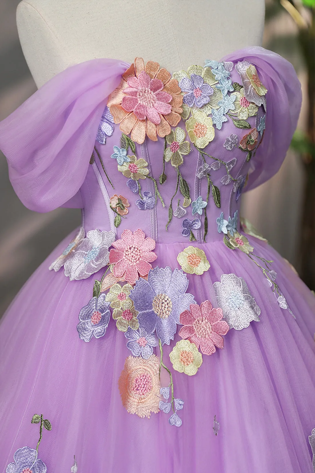 Purple Tulle Lace Long Prom Dress, off the Shoulder Evening Party Dress