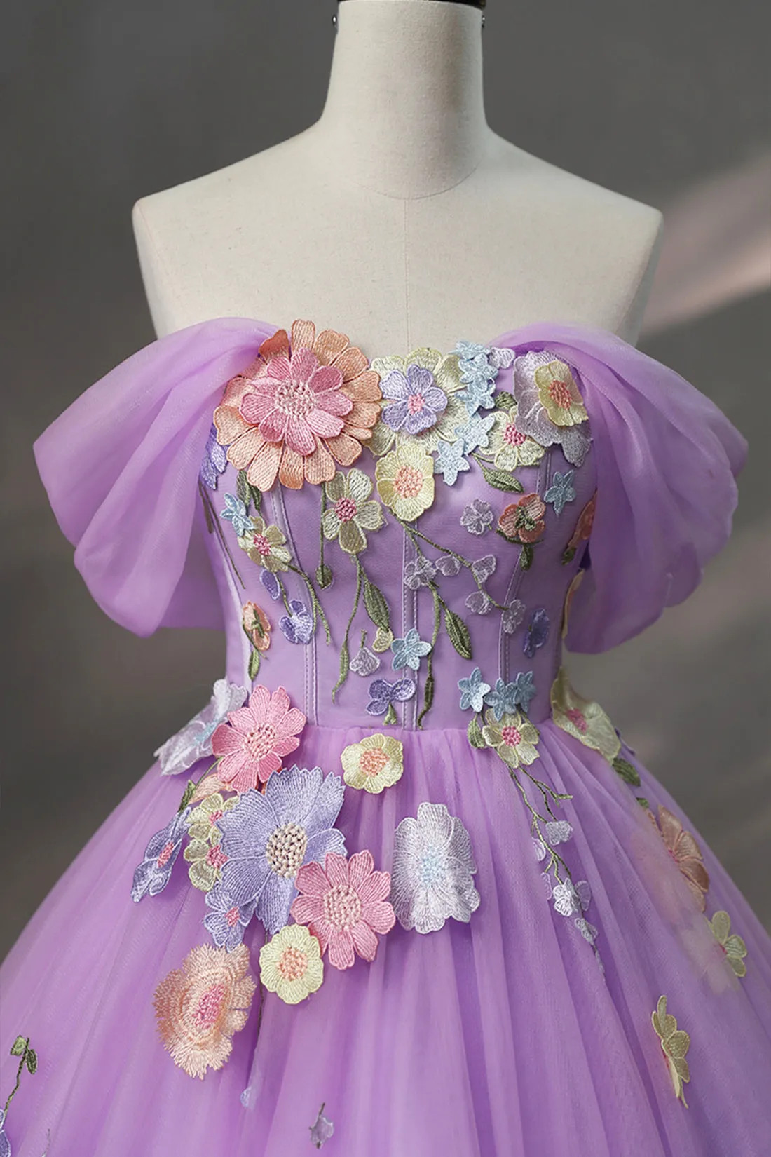 Purple Tulle Lace Long Prom Dress, off the Shoulder Evening Party Dress