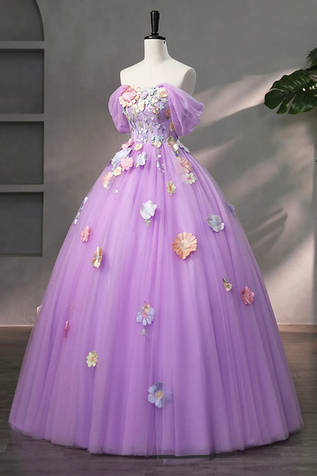 Purple Tulle Lace Long Prom Dress, off the Shoulder Evening Party Dress