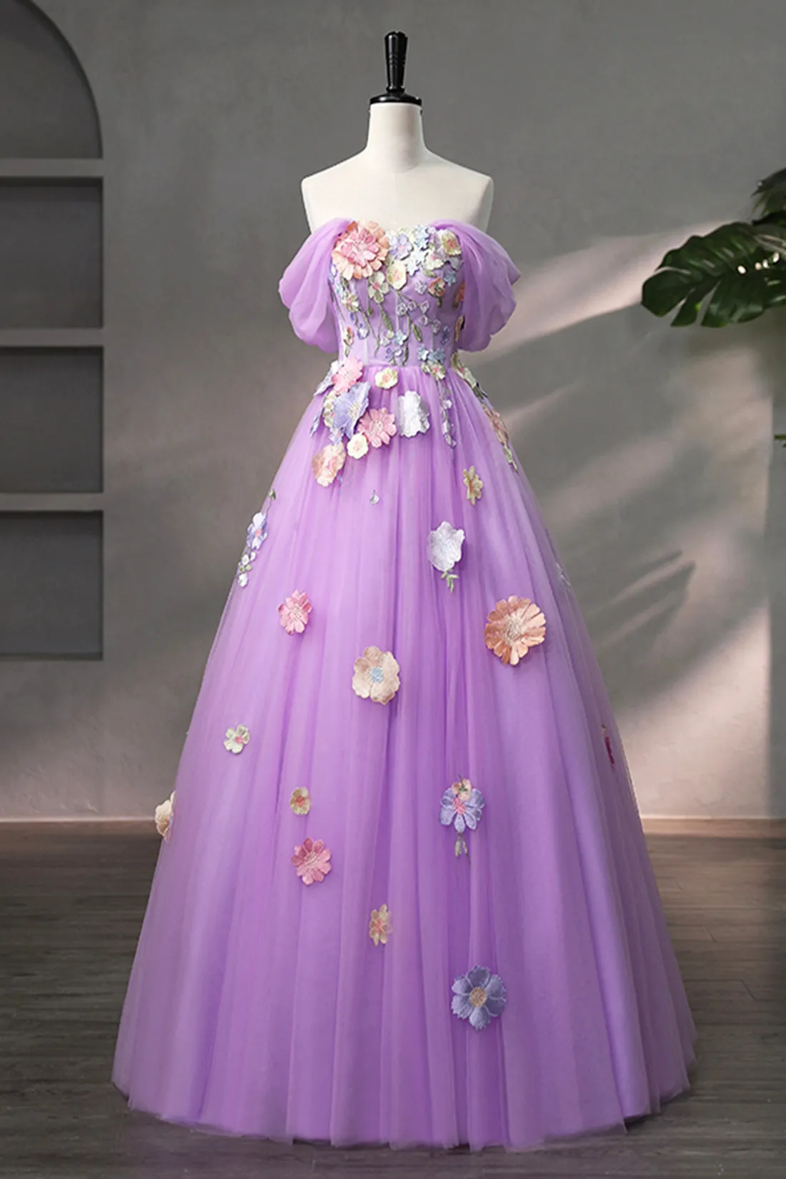 Purple Tulle Lace Long Prom Dress, off the Shoulder Evening Party Dress