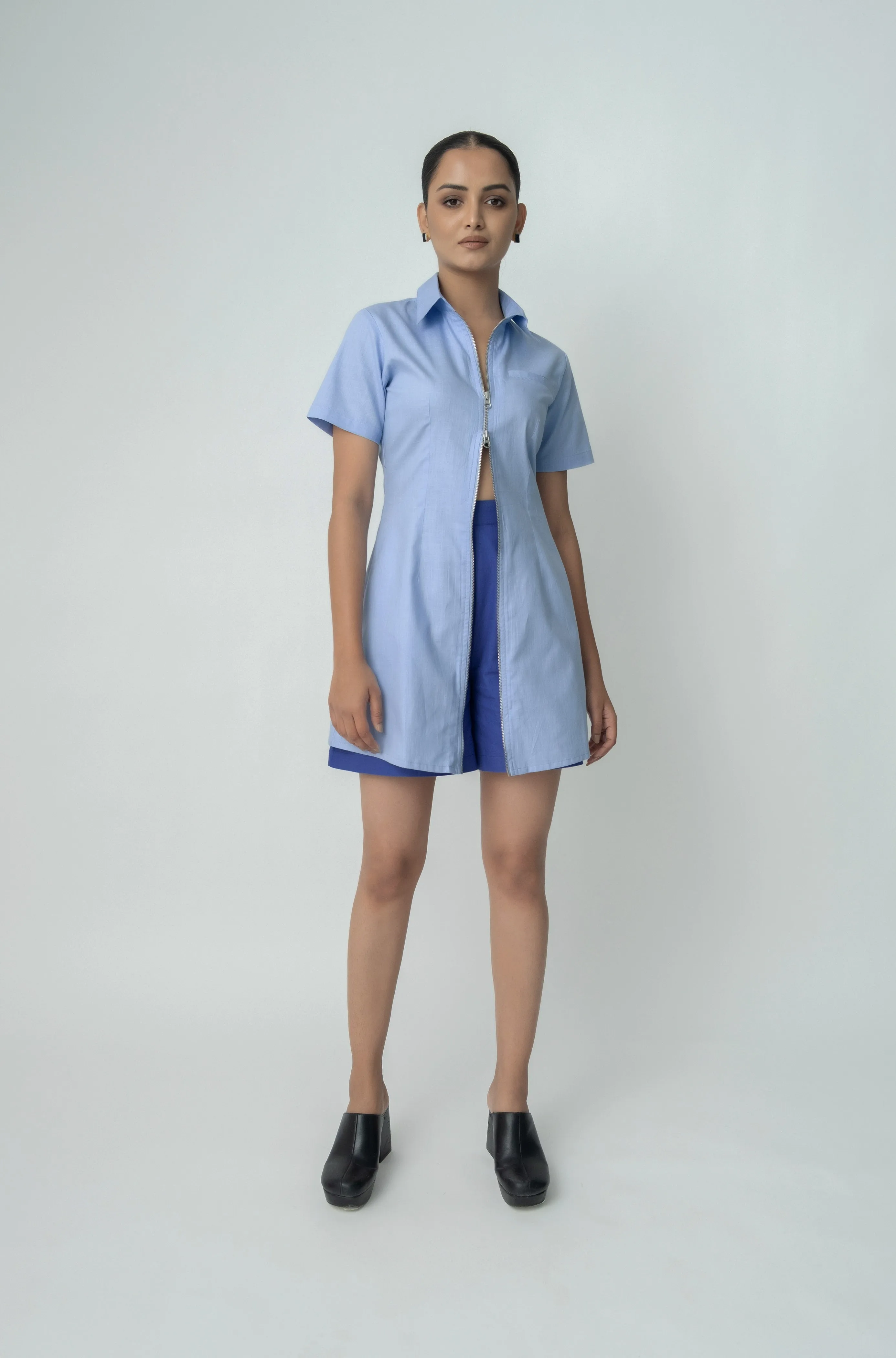 Qua Light Blue Zip-up Mini Dress