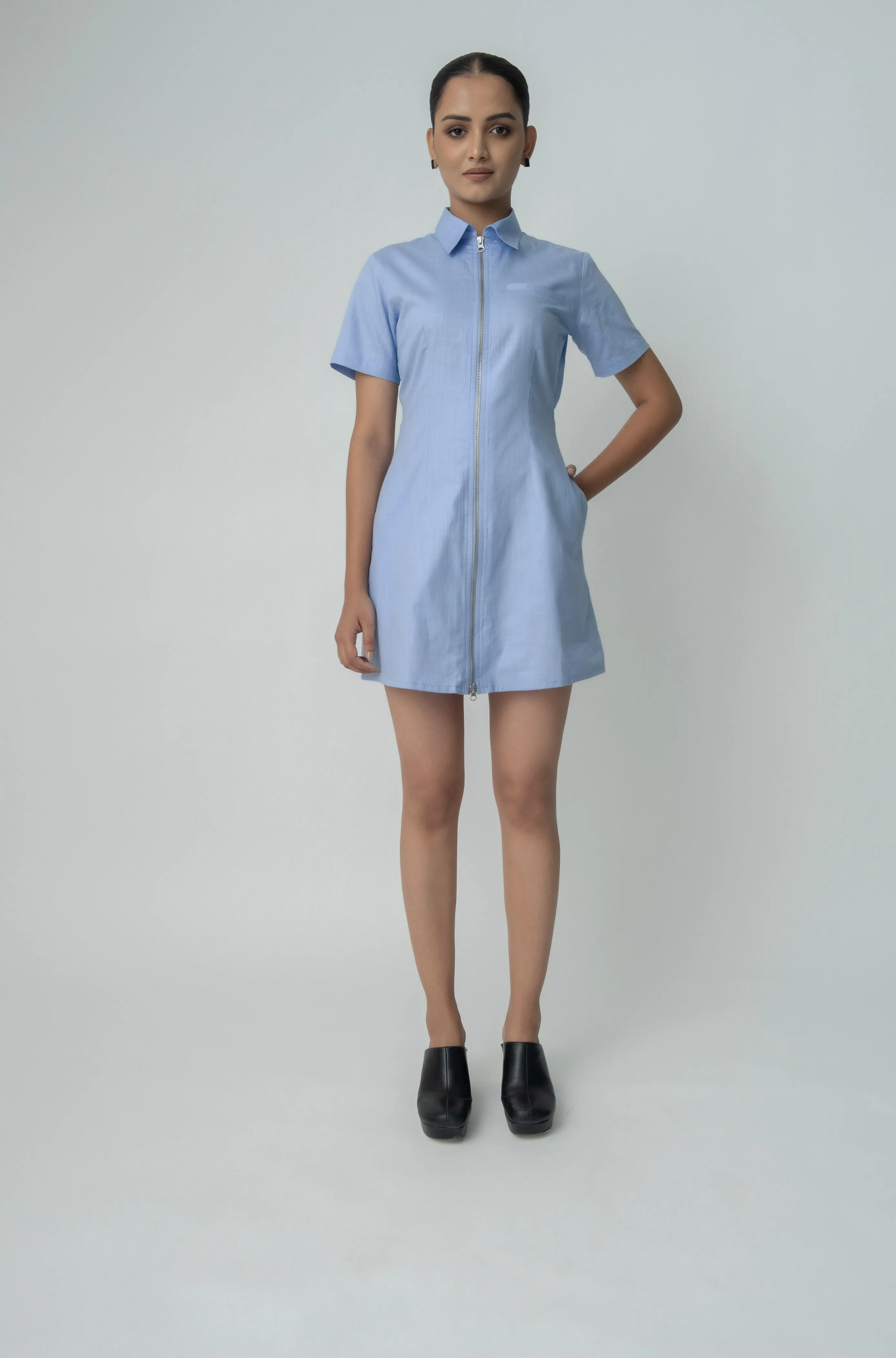 Qua Light Blue Zip-up Mini Dress