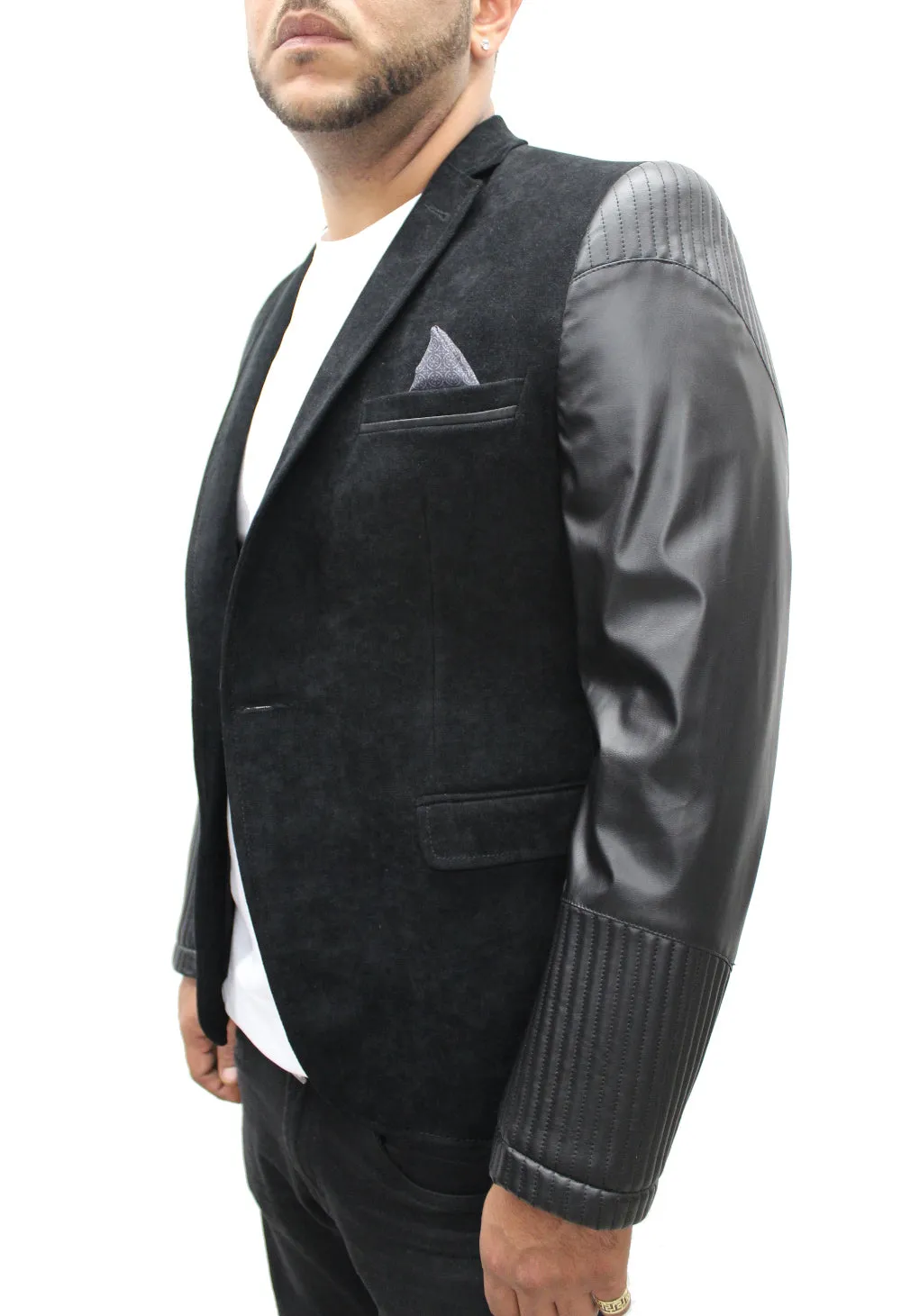 "Vegas" Black Blazer With Leather Details On Sleeve