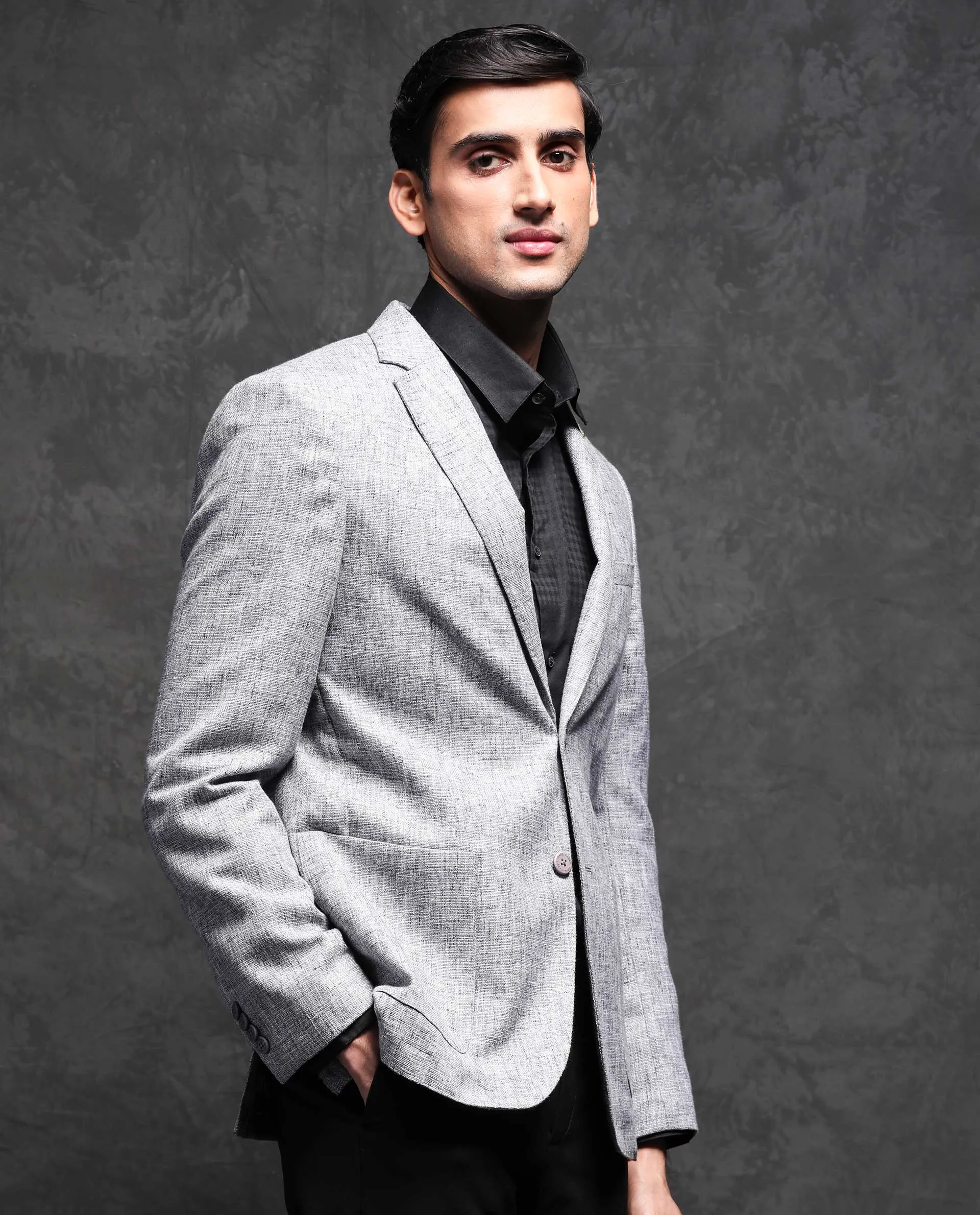 Rare Rabbit Men's Drew Grey Polyester Viscose Fabric Notch Lapel Single Breasted Tailored Fit Textured Blazer