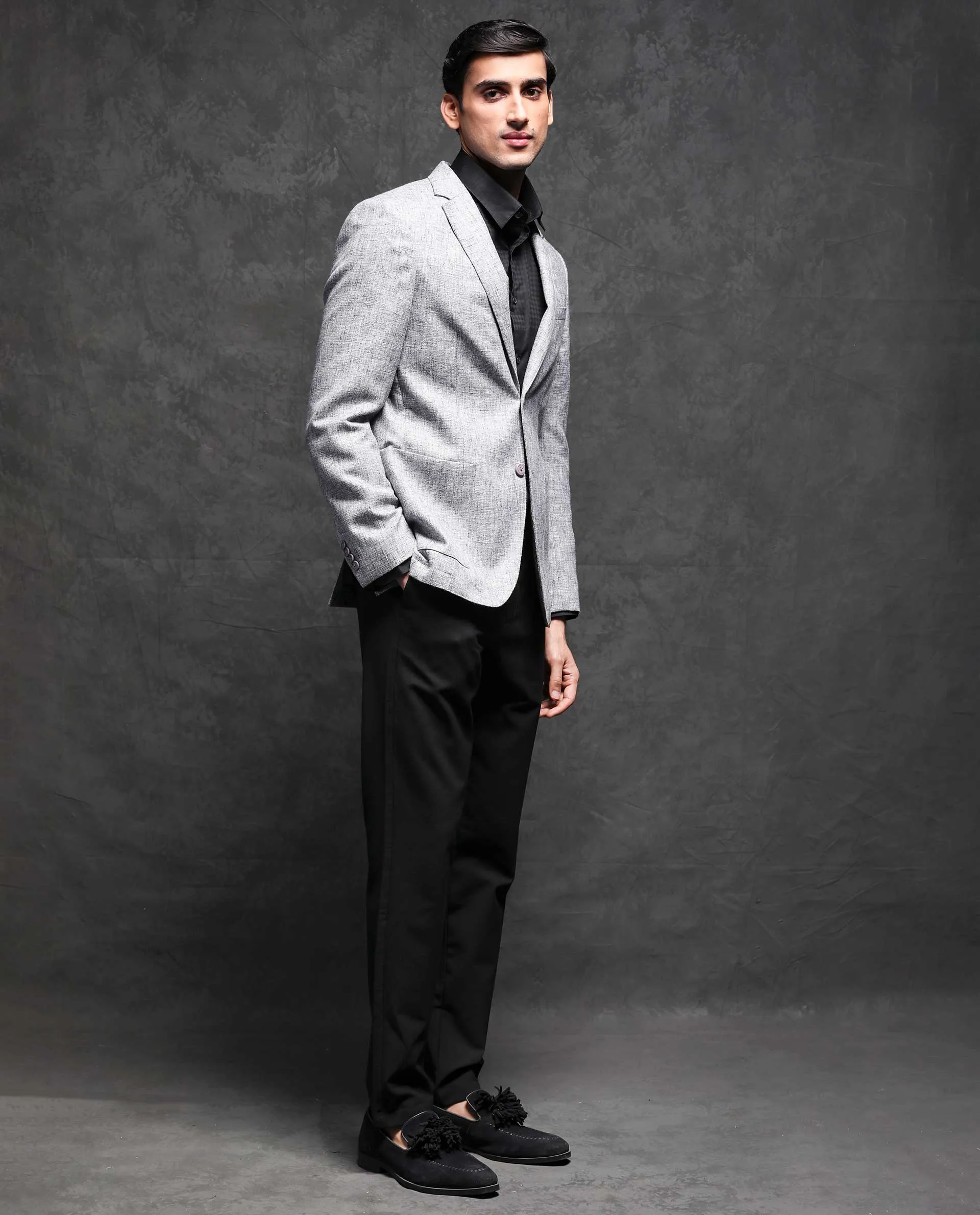 Rare Rabbit Men's Drew Grey Polyester Viscose Fabric Notch Lapel Single Breasted Tailored Fit Textured Blazer