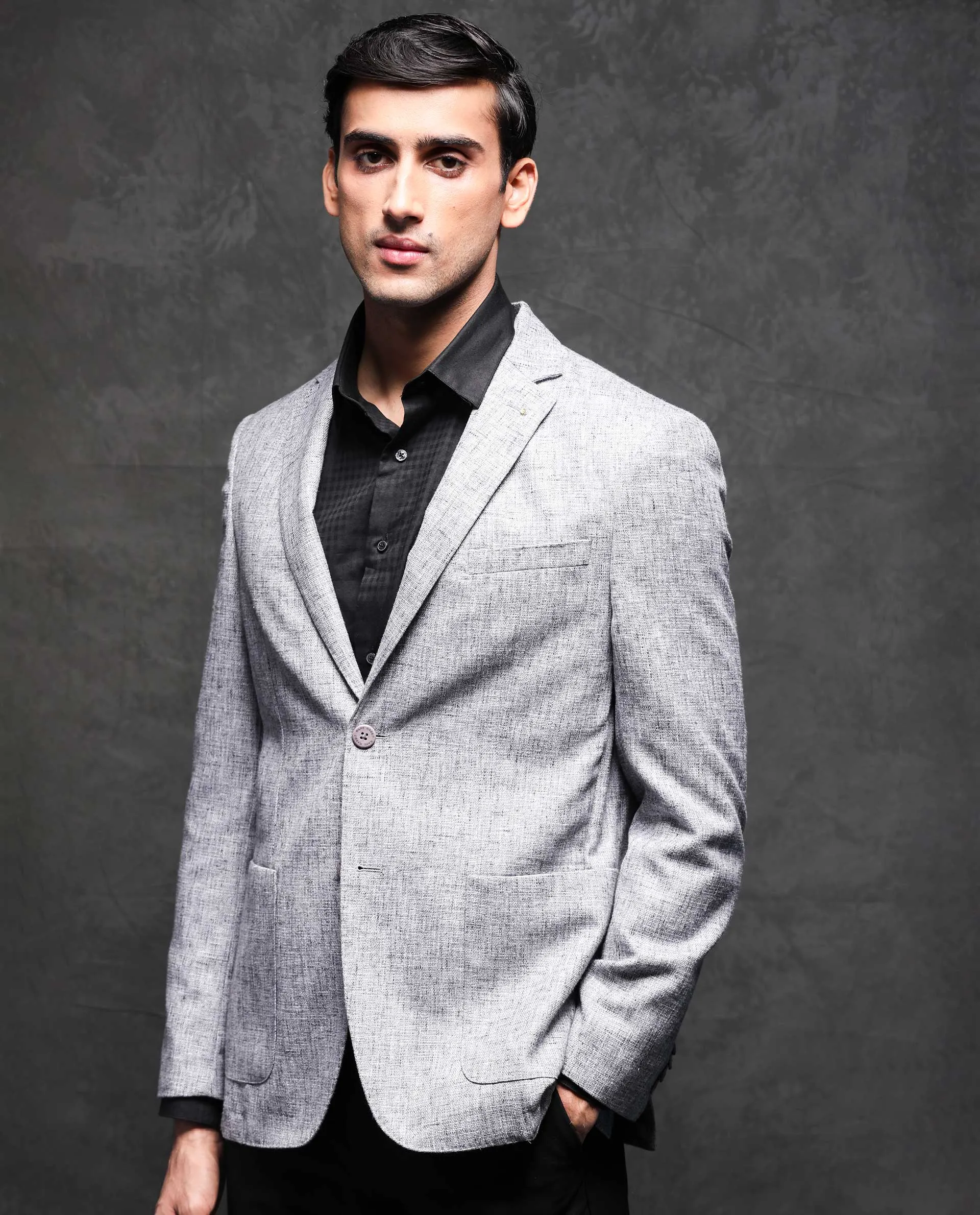 Rare Rabbit Men's Drew Grey Polyester Viscose Fabric Notch Lapel Single Breasted Tailored Fit Textured Blazer