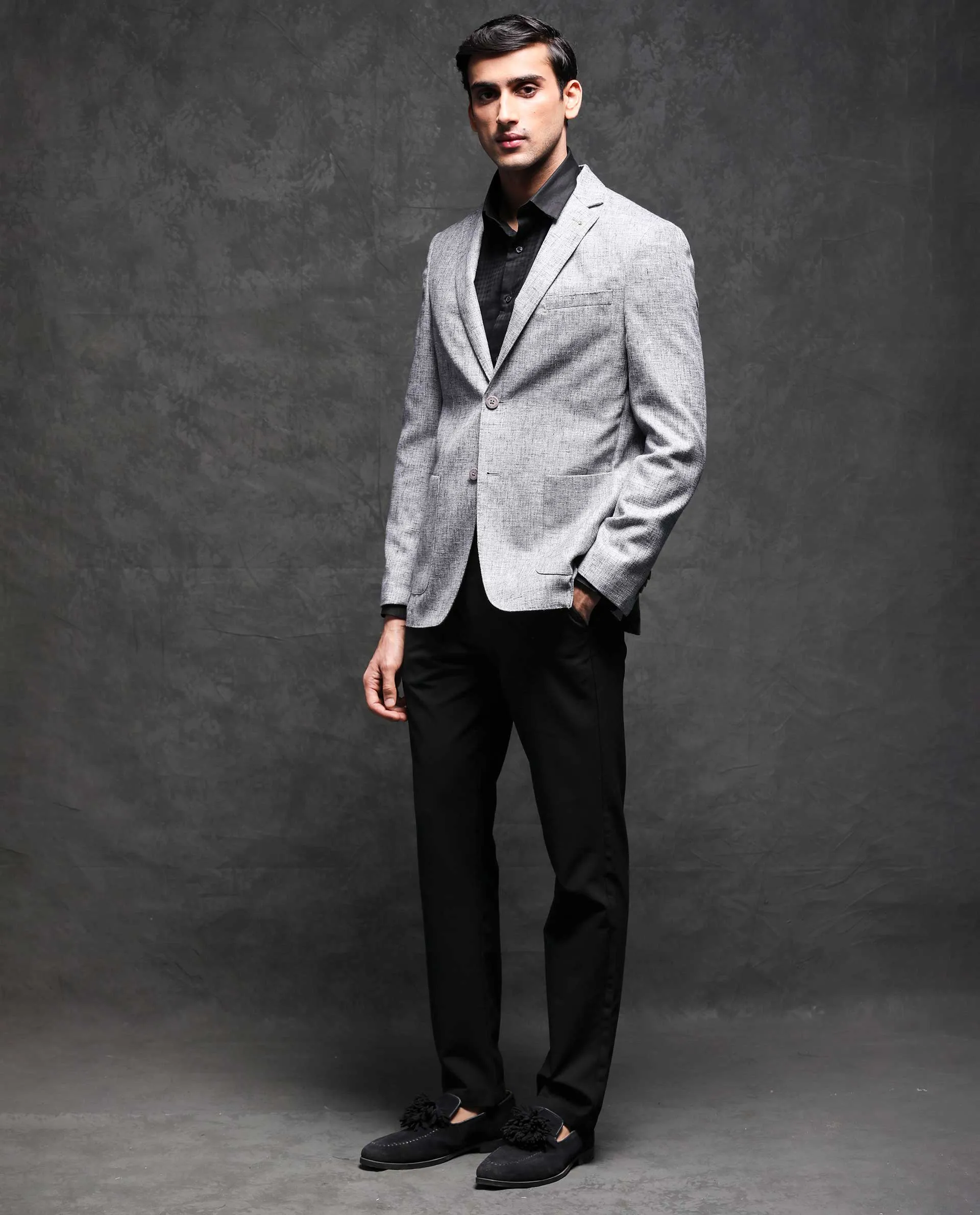 Rare Rabbit Men's Drew Grey Polyester Viscose Fabric Notch Lapel Single Breasted Tailored Fit Textured Blazer