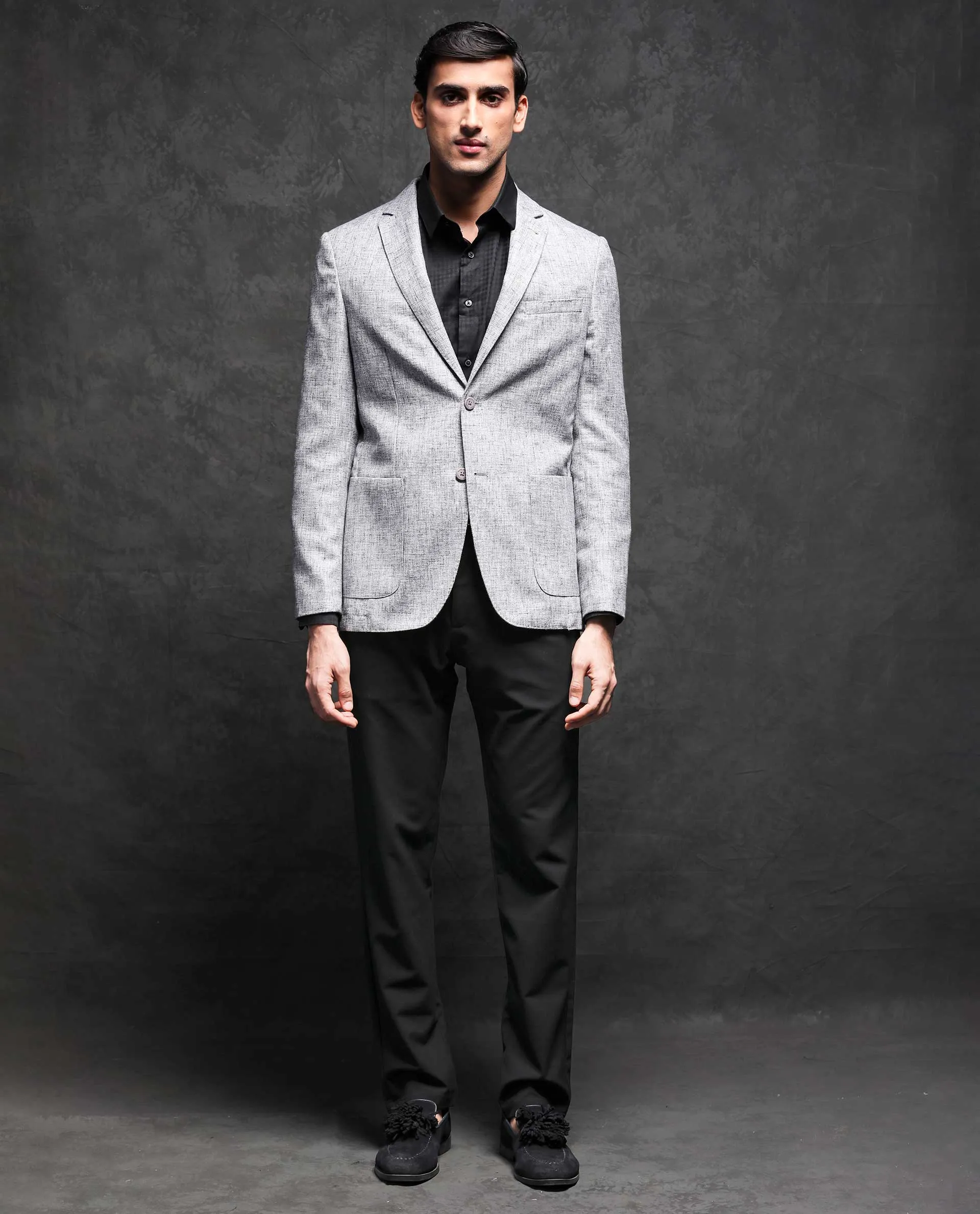 Rare Rabbit Men's Drew Grey Polyester Viscose Fabric Notch Lapel Single Breasted Tailored Fit Textured Blazer