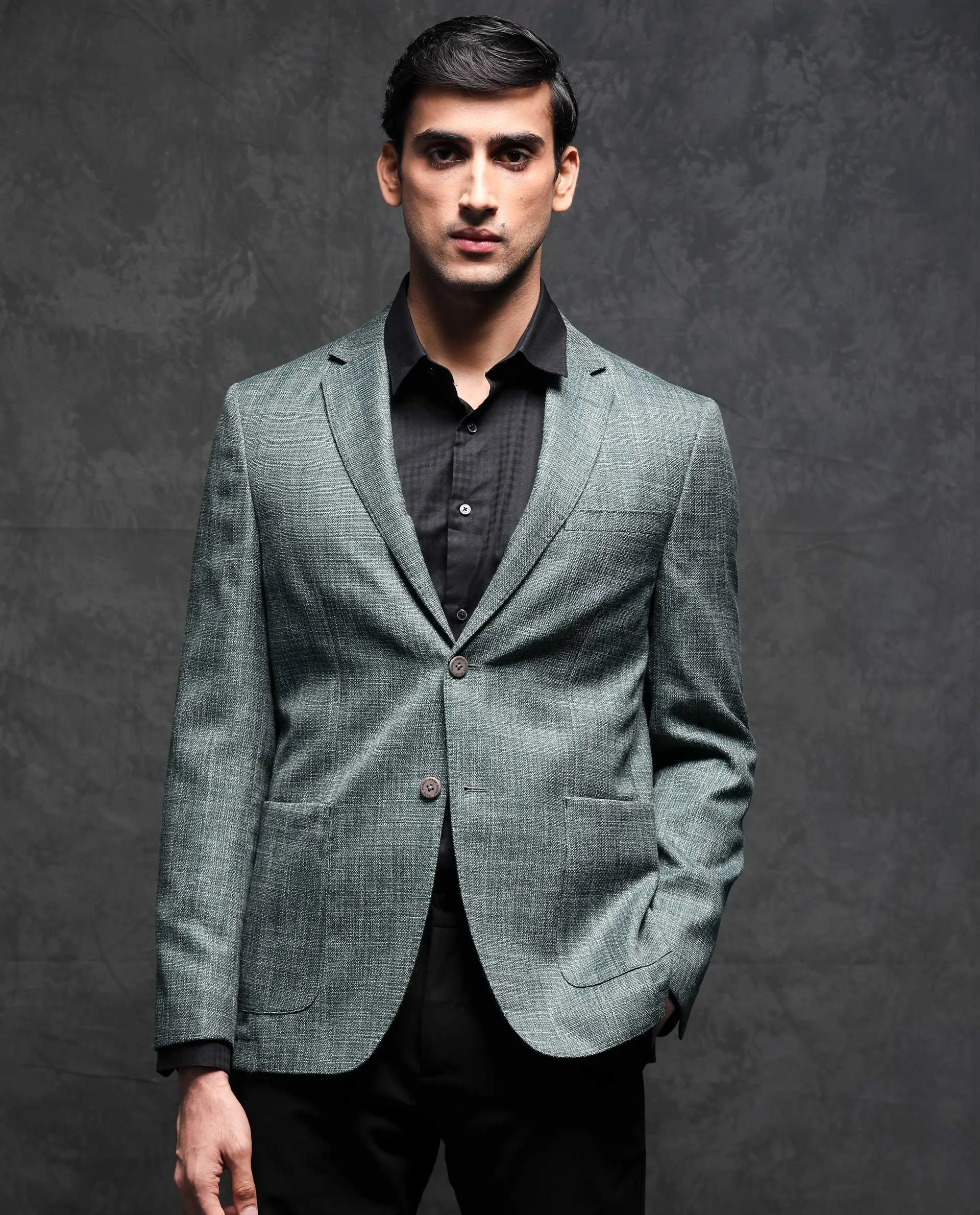 Rare Rabbit Men's Drew Olive Polyester Viscose Fabric Notch Lapel Single Breasted Tailored Fit Textured Blazer