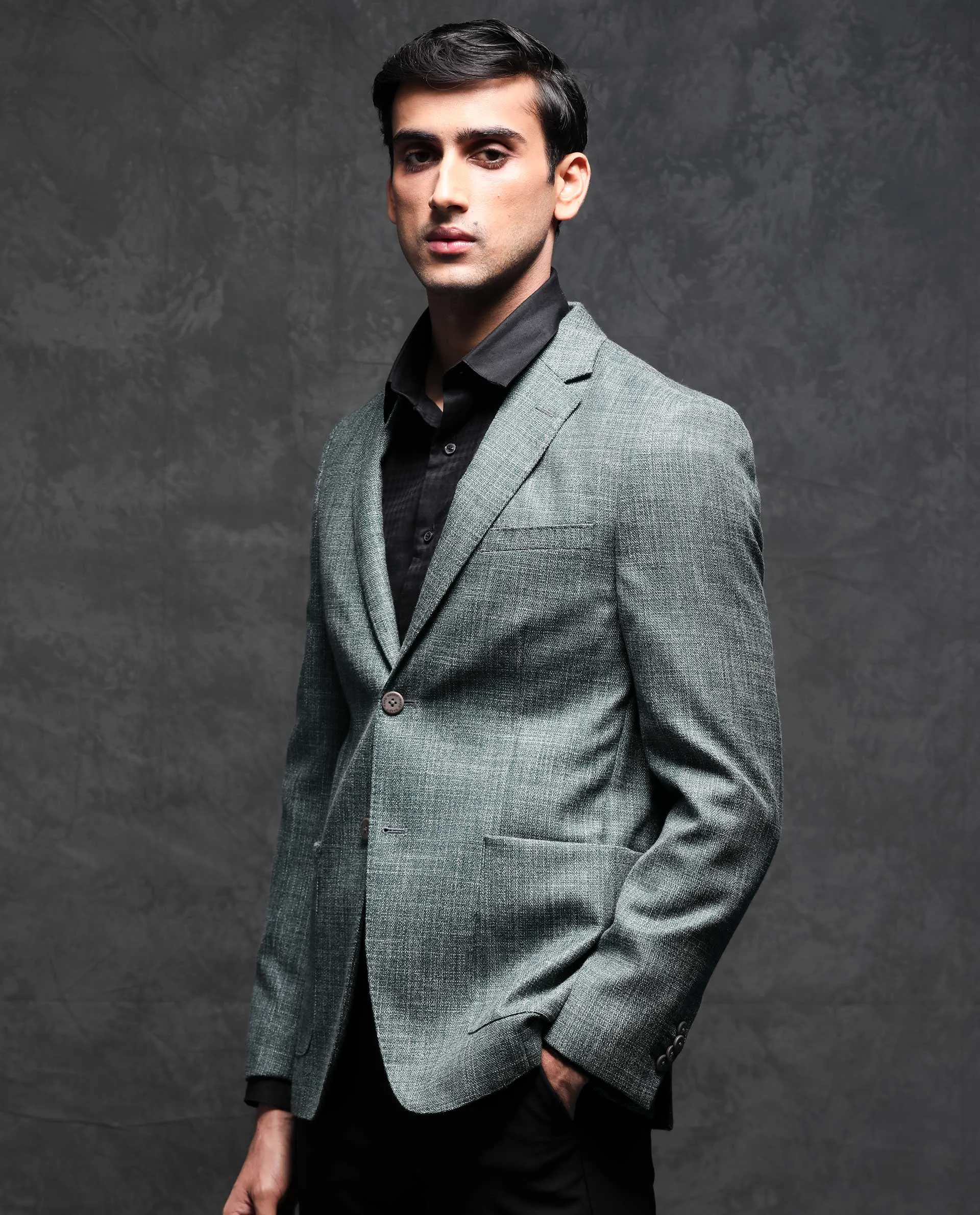 Rare Rabbit Men's Drew Olive Polyester Viscose Fabric Notch Lapel Single Breasted Tailored Fit Textured Blazer