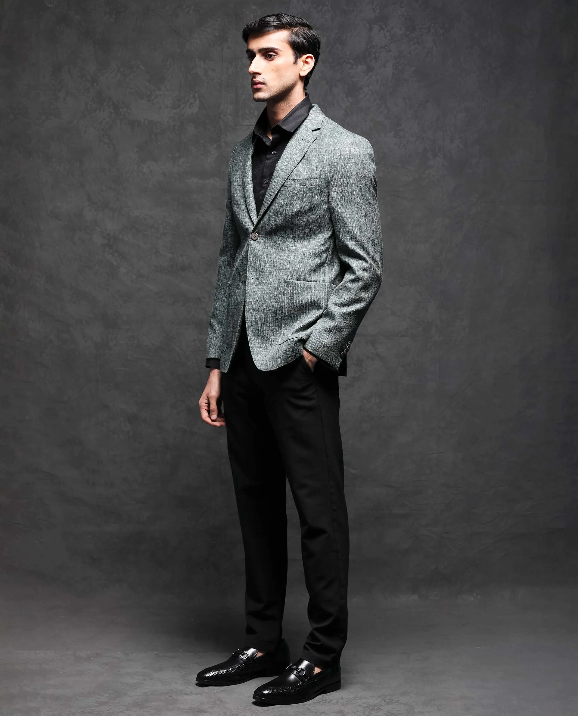 Rare Rabbit Men's Drew Olive Polyester Viscose Fabric Notch Lapel Single Breasted Tailored Fit Textured Blazer