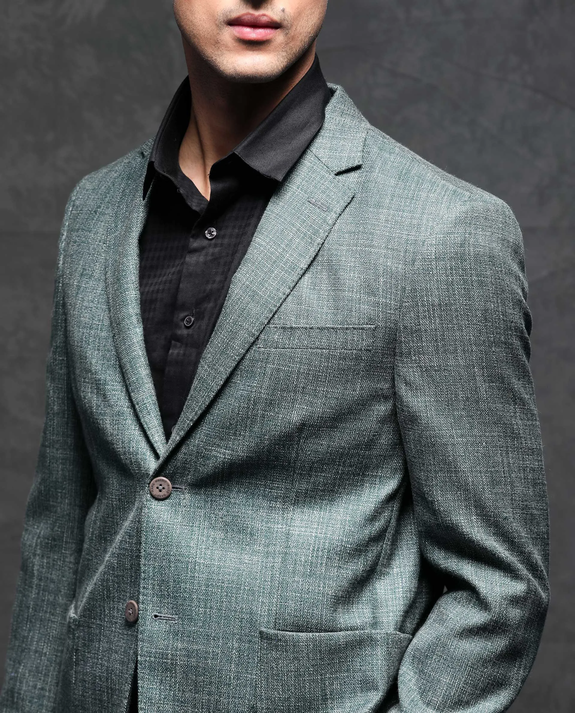 Rare Rabbit Men's Drew Olive Polyester Viscose Fabric Notch Lapel Single Breasted Tailored Fit Textured Blazer