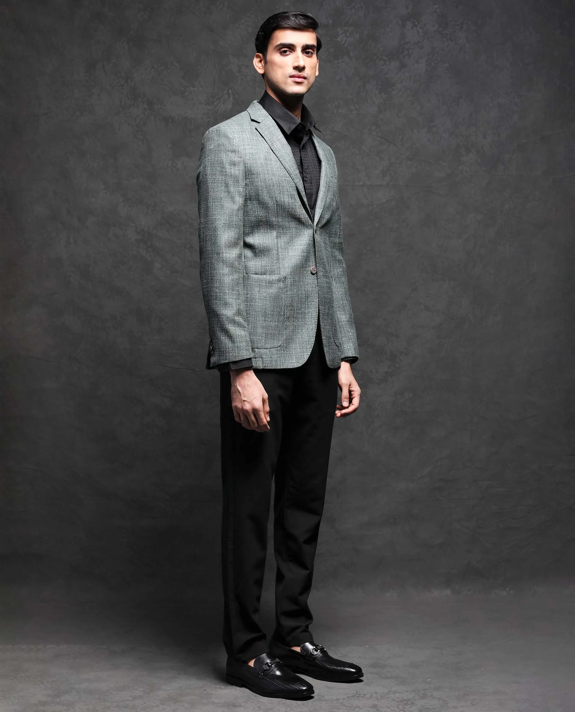 Rare Rabbit Men's Drew Olive Polyester Viscose Fabric Notch Lapel Single Breasted Tailored Fit Textured Blazer
