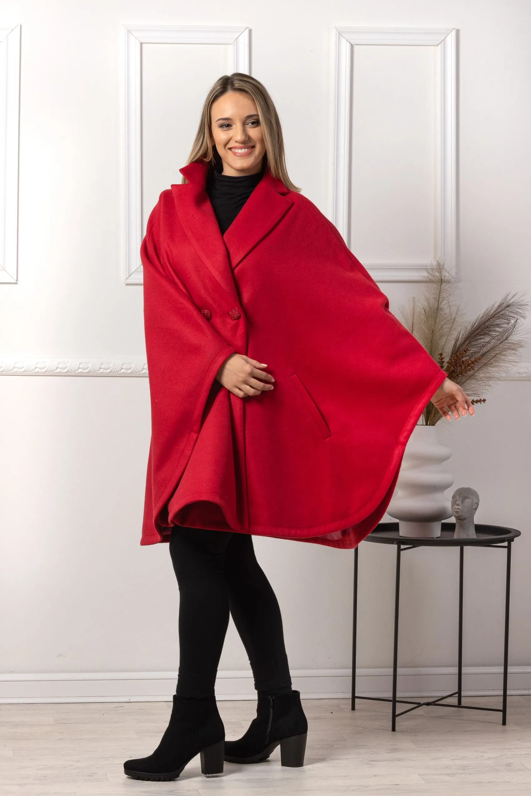 Raspberry Collared Loose Cape Coat