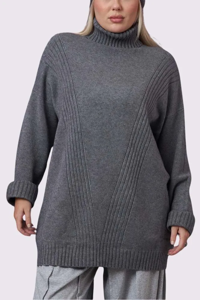 Ribbed Stripe Pattern Cowl Neck Tunic Jumper