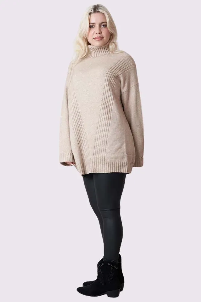 Ribbed Stripe Pattern Cowl Neck Tunic Jumper