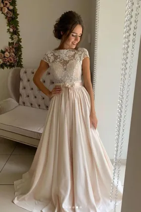 Round Neck Cap Sleeves Light Champagne Lace Long Prom Dress, Champagne Lace Long Formal Evening Dress