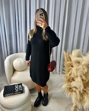 Ryann Ribbed Cowl Neck Knitted Jumper Dress - Black