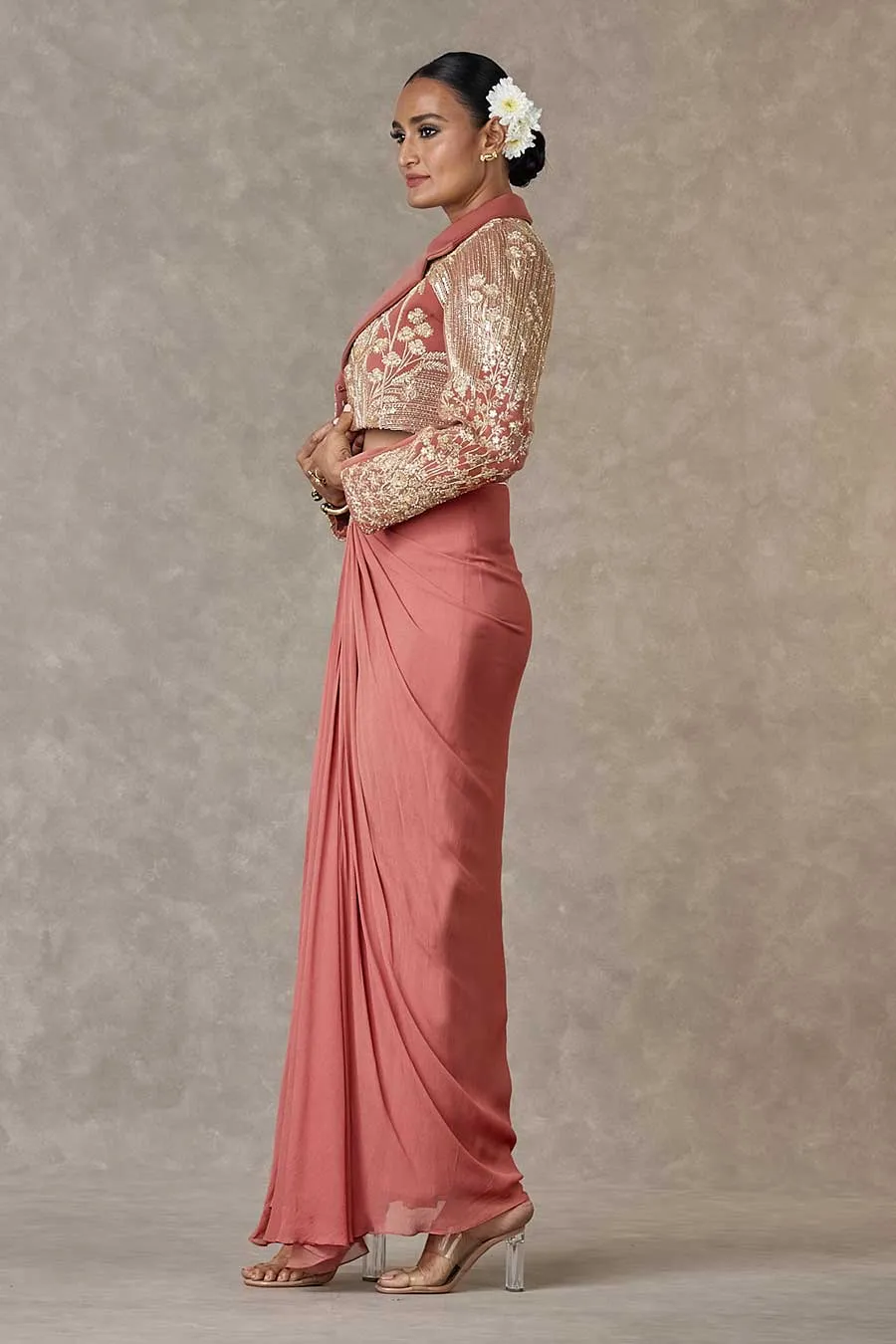 Salmon Son-Chidiya Embroidered Cropped Blazer & Skirt Set
