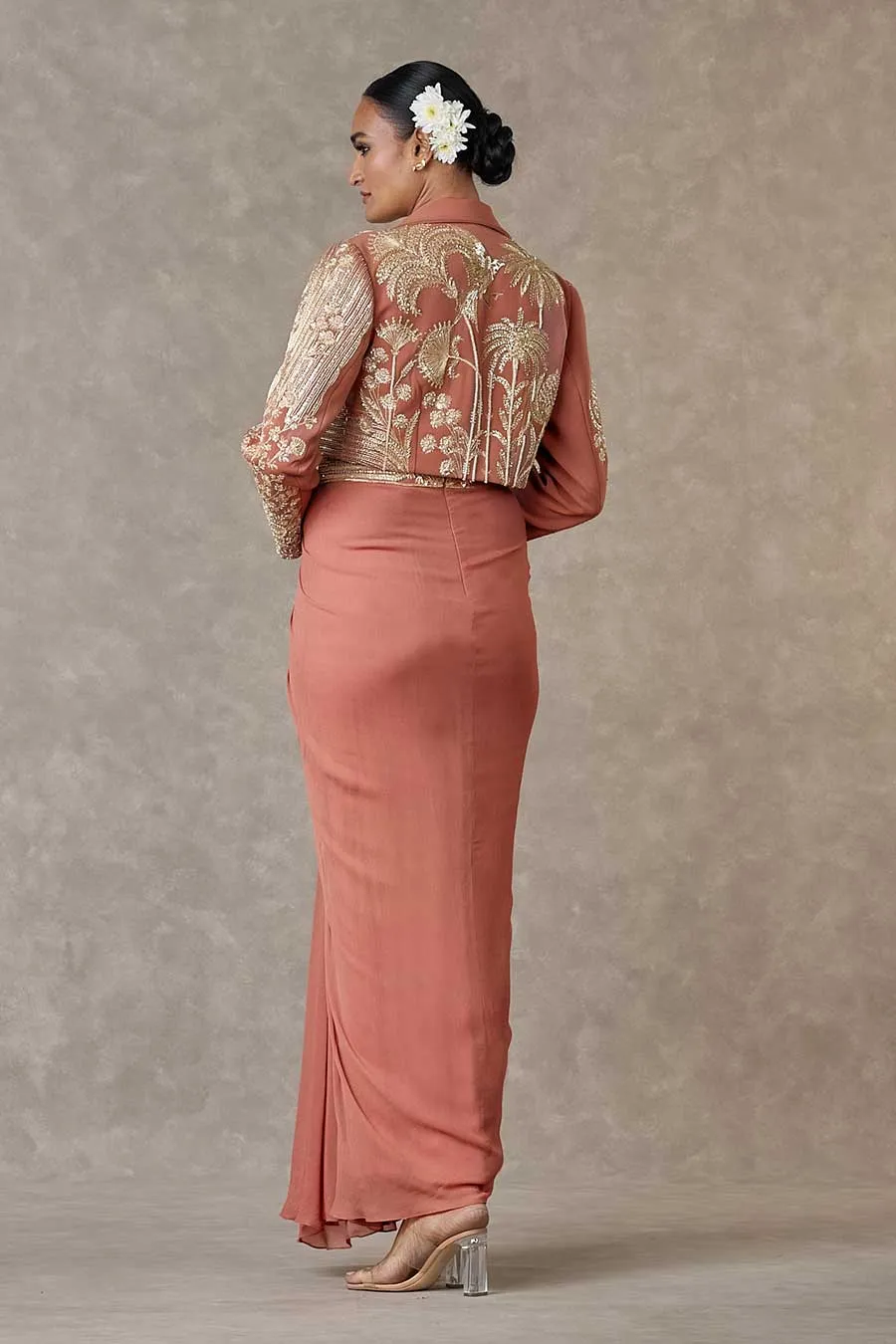 Salmon Son-Chidiya Embroidered Cropped Blazer & Skirt Set