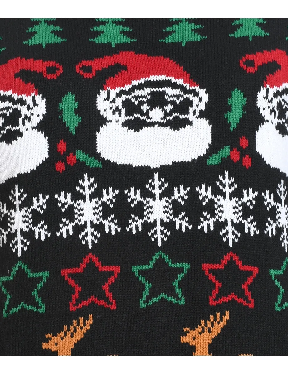 Santa Claus Design Black Knit Christmas Jumper - M