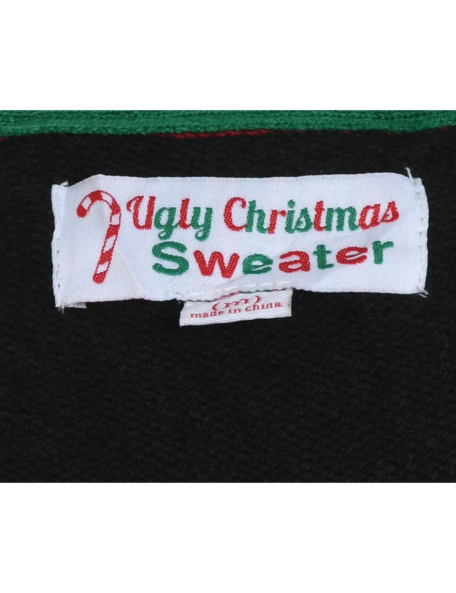 Santa Claus Design Black Knit Christmas Jumper - M