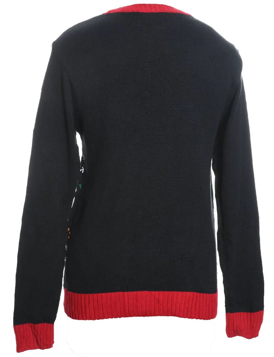 Santa Claus Design Black Knit Christmas Jumper - M